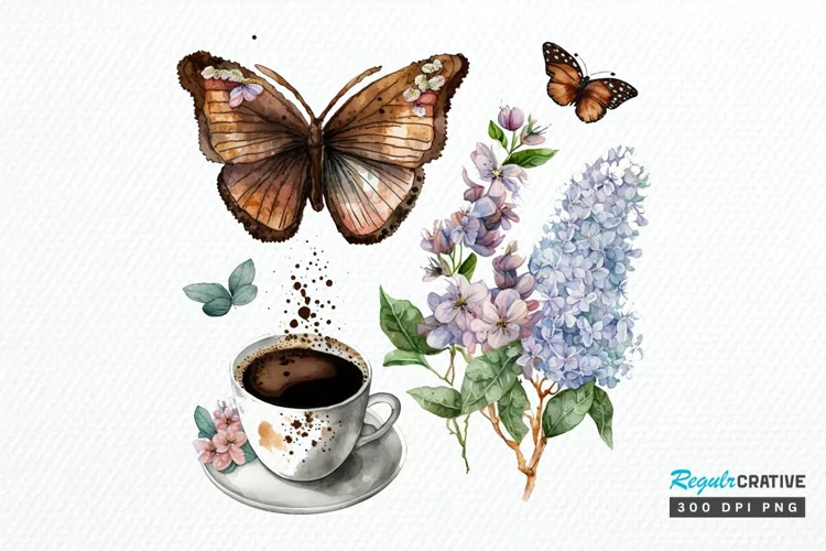 Watercolor Spring Coffee Butterfly PNG Clipart