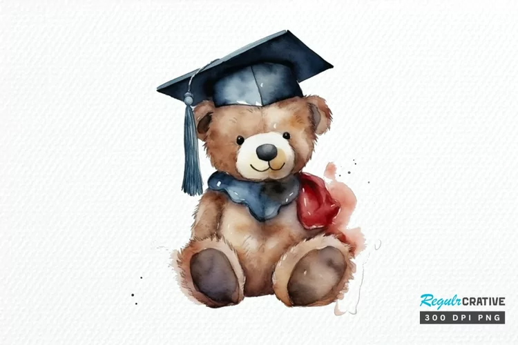 Watercolor Graduate Teddy Bear PNG Clipart