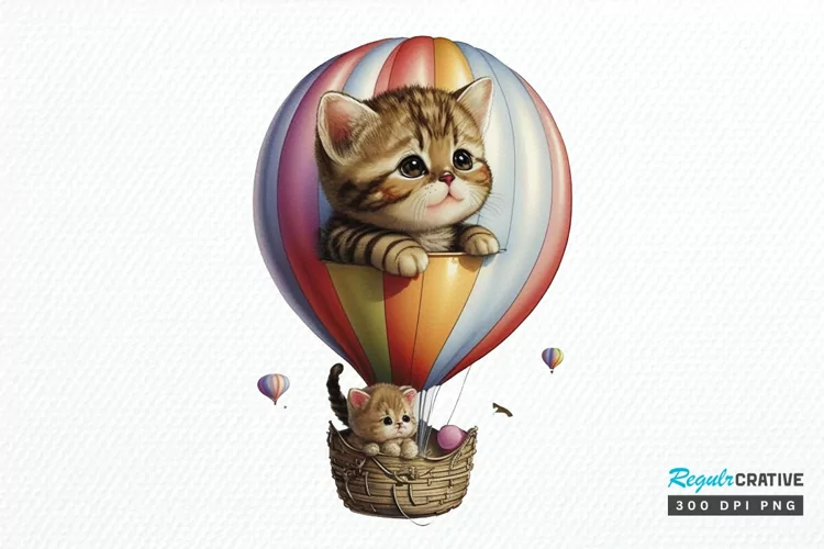 Watercolor Cute Kitten with Air Balloon PNG Clipart