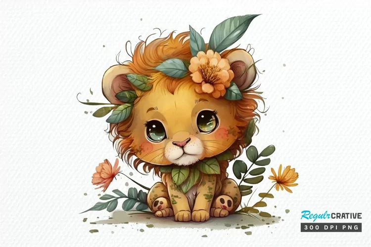Watercolor Cute Baby Lion Kawaii Cartoon PNG Clipart