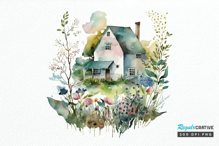 Watercolor House in Flower Garden PNG Clipart