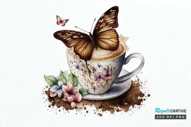 Watercolor Spring Coffee Butterfly PNG Clipart