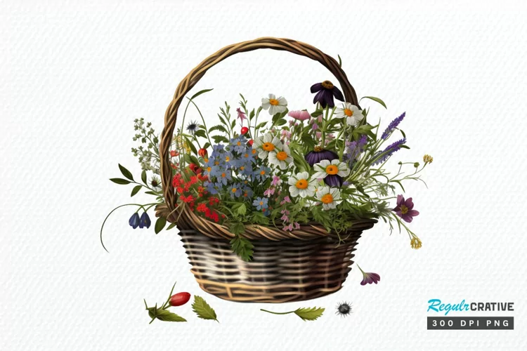 Basket of Wildflowers PNG Clipart