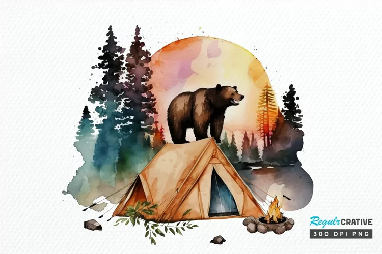 Watercolor Bear Camping at Sunset PNG Clipart