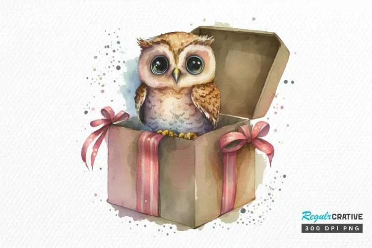 Watercolor Cute Owl Girl in Gift Box PNG Clipart