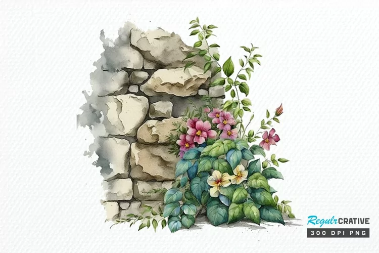 Watercolor Floral Stone Wall PNG Clipart