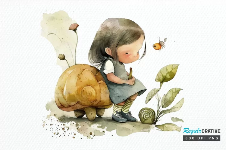 Watercolor Little Girl and Snails PNG Clipart