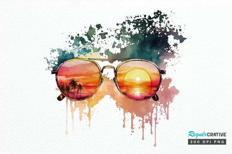 Watercolor Vintage Sunglasses Sunset PNG Clipart