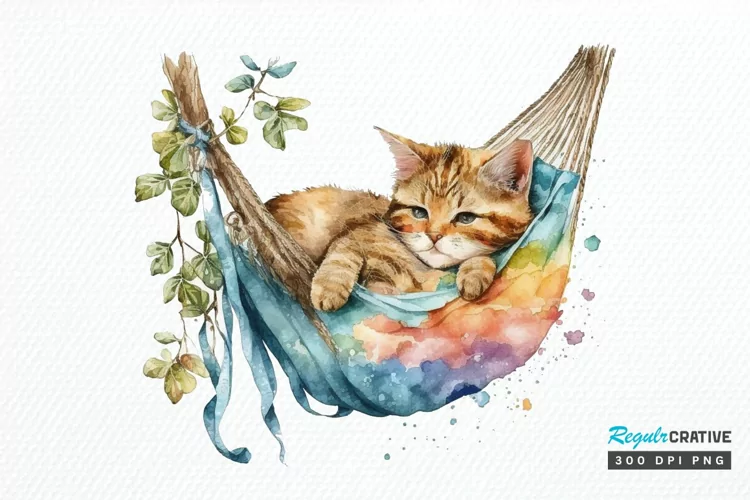 Watercolor Cute Cat in a Hammock PNG Clipart