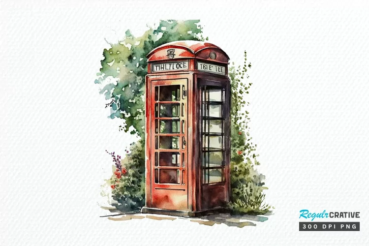 Watercolor Vintage Public Telephone Booth PNG Clipart