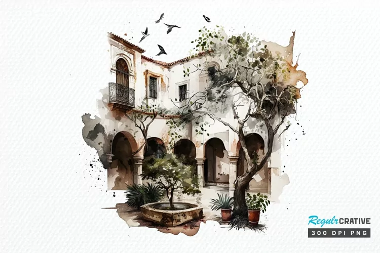 Watercolor Courtyard PNG Clipart