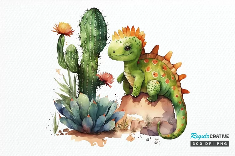Watercolor Cute Dinosaur and Cactus PNG Clipart