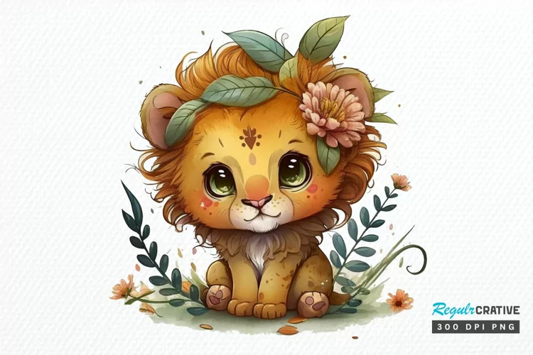 Watercolor Cute Baby Lion Kawaii Cartoon PNG Clipart