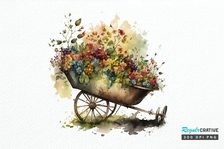 Watercolor Floral Wheelbarrows PNG Clipart