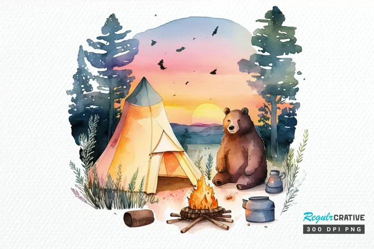 Watercolor Bear Camping at Sunset PNG Clipart