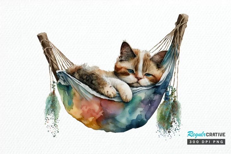 Watercolor Cute Cat in a Hammock PNG Clipart
