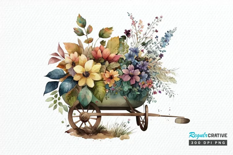 Watercolor Floral Wheelbarrows PNG Clipart