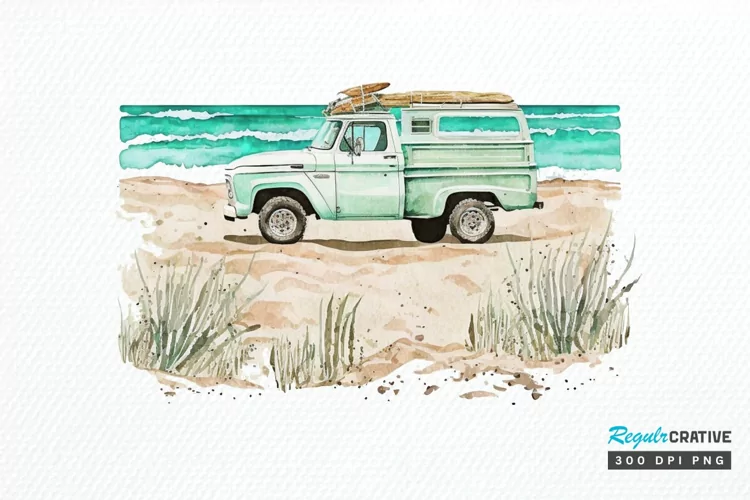 Watercolor Beach Truck PNG Clipart