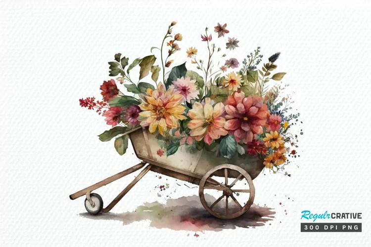 Watercolor Floral Wheelbarrows PNG Clipart