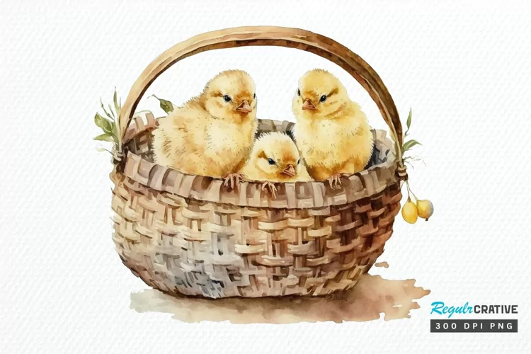 Watercolor Chicks in a Basket PNG Clipart
