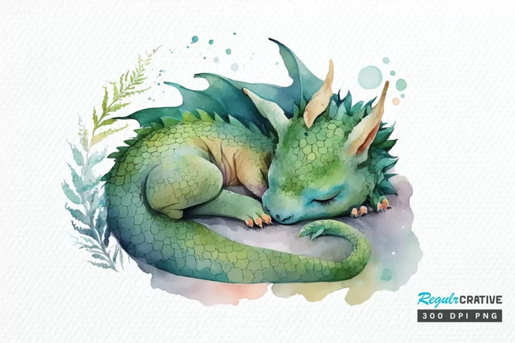 Watercolor Cute Baby Dragon Sleeping PNG Clipart