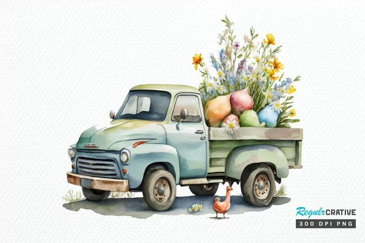 Watercolor Easter Truck PNG Clipart