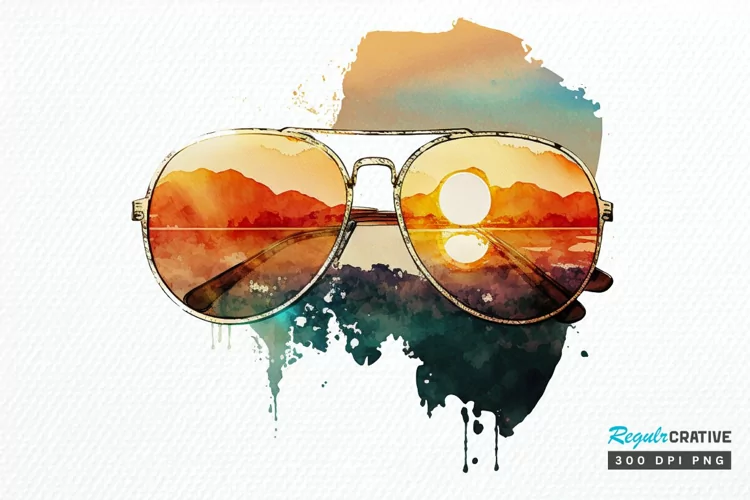 Watercolor Vintage Sunglasses Sunset PNG Clipart
