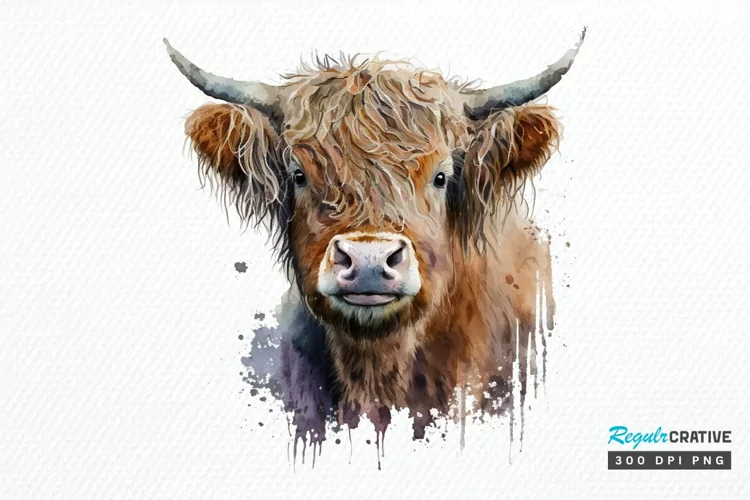 Watercolor Cute Highland Cow PNG Clipart