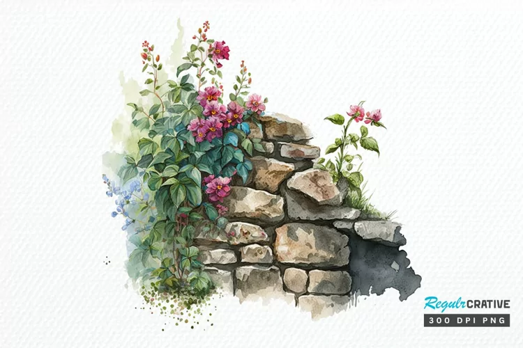 Watercolor Floral Stone Wall PNG Clipart