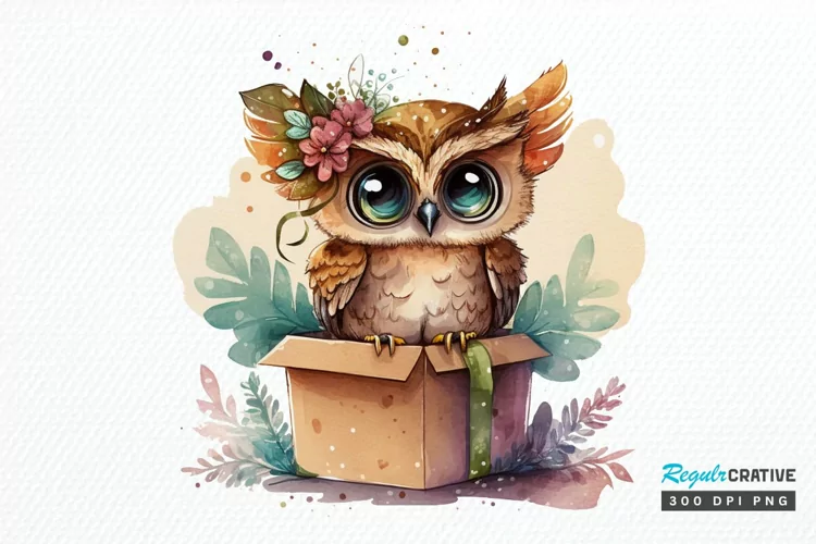 Watercolor Cute Owl Girl in Gift Box PNG Clipart