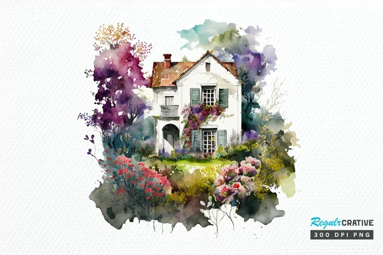 Watercolor House in Flower Garden PNG Clipart