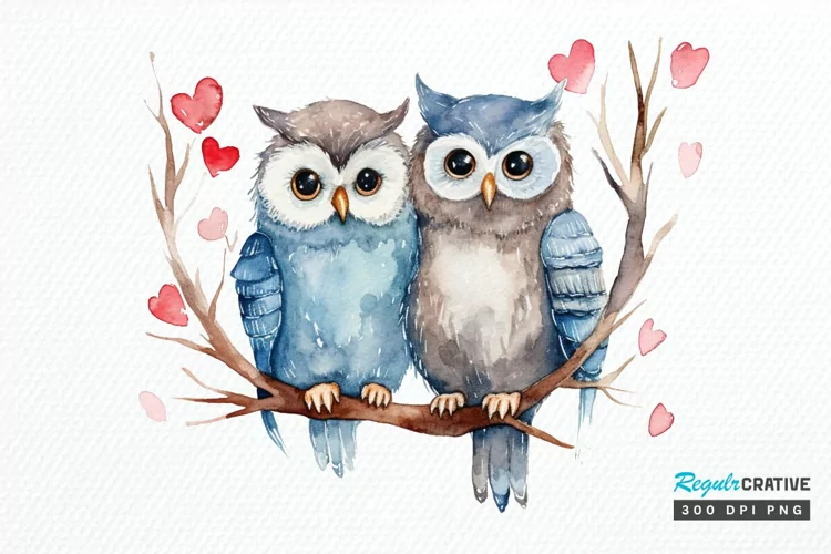 Watercolor Cute Couple Owl PNG Clipart