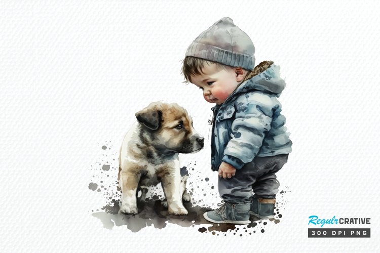Watercolor Cute Baby Boy and Dog PNG Clipart example image 1