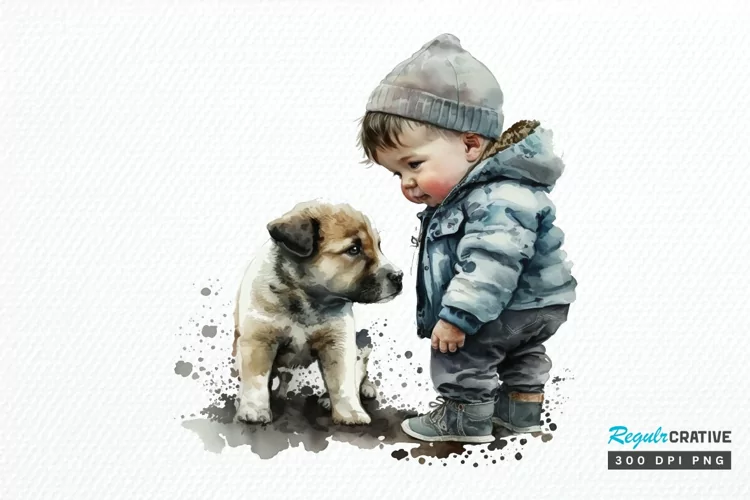 Watercolor Cute Baby Boy and Dog PNG Clipart
