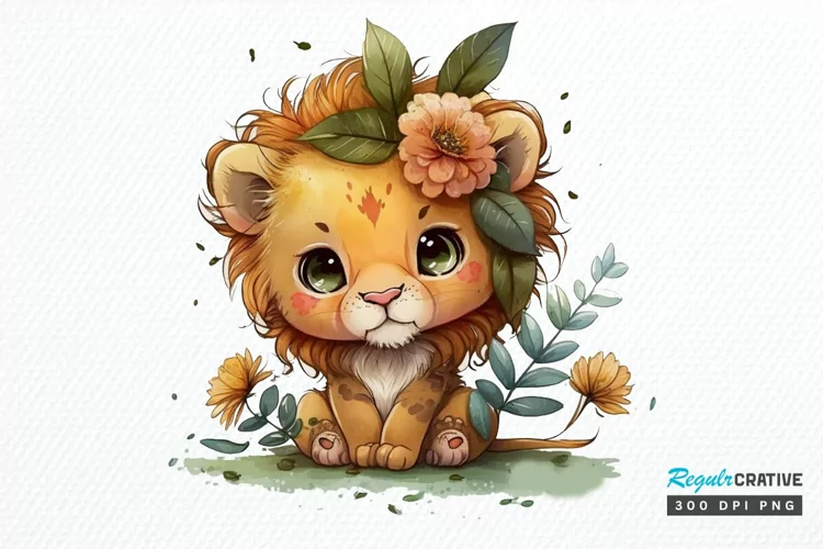 Watercolor Cute Baby Lion Kawaii Cartoon PNG Clipart