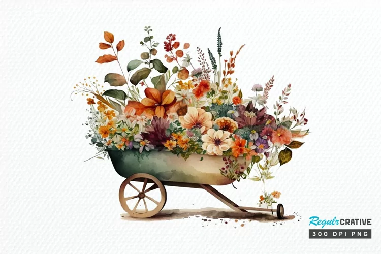 Watercolor Floral Wheelbarrows PNG Clipart
