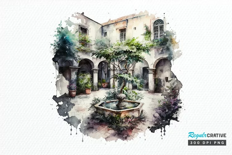 Watercolor Courtyard PNG Clipart