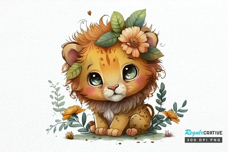 Watercolor Cute Baby Lion Kawaii Cartoon PNG Clipart