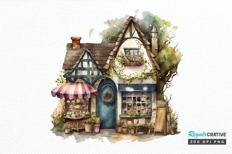 Watercolor Whimsical Village Shop PNG Clipart