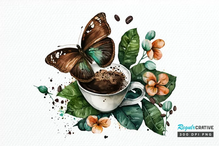 Watercolor Spring Coffee Butterfly PNG Clipart