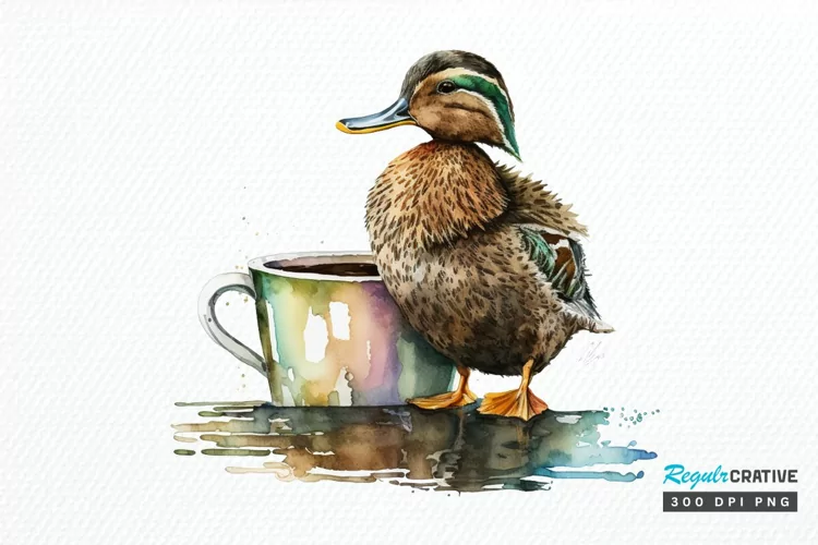 Watercolor Cute Mallard with a Cup PNG Clipart
