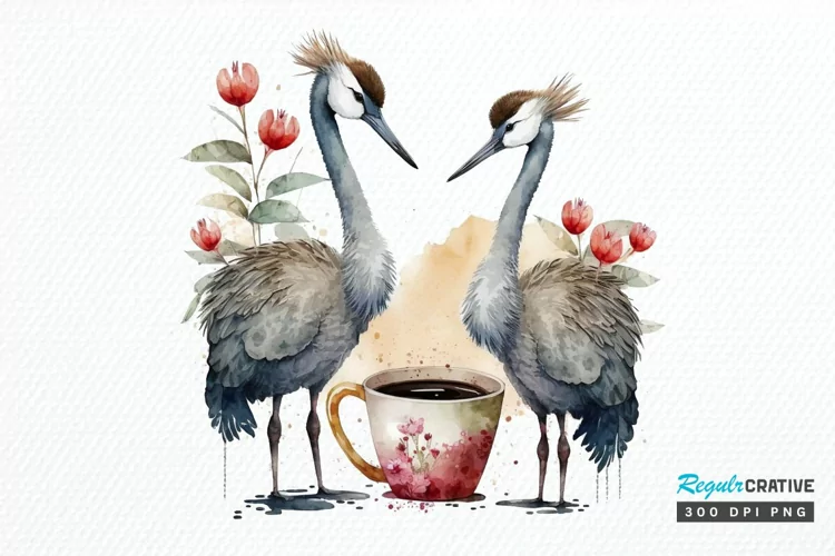 Watercolor Cute Cranes with a Cup PNG Clipart