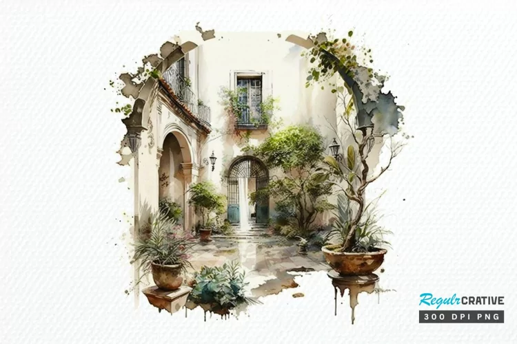 Watercolor Courtyard PNG Clipart