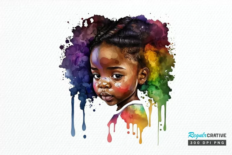 Watercolor African Black Cute Girl Rainbow PNG Clipart