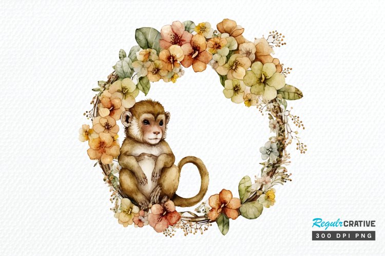 Watercolor Baby Monkey Flower Wreath PNG Clipart