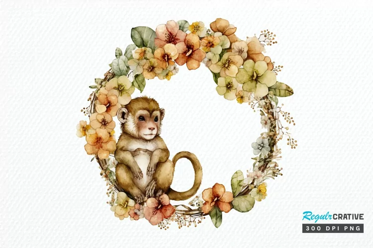 Watercolor Baby Monkey Flower Wreath PNG Clipart