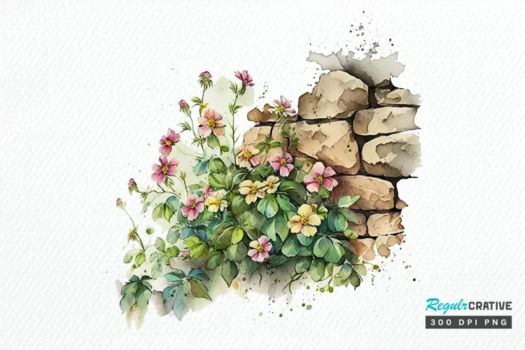 Watercolor Floral Stone Wall PNG Clipart
