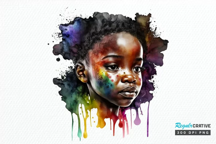 Watercolor African Black Cute Girl Rainbow PNG Clipart