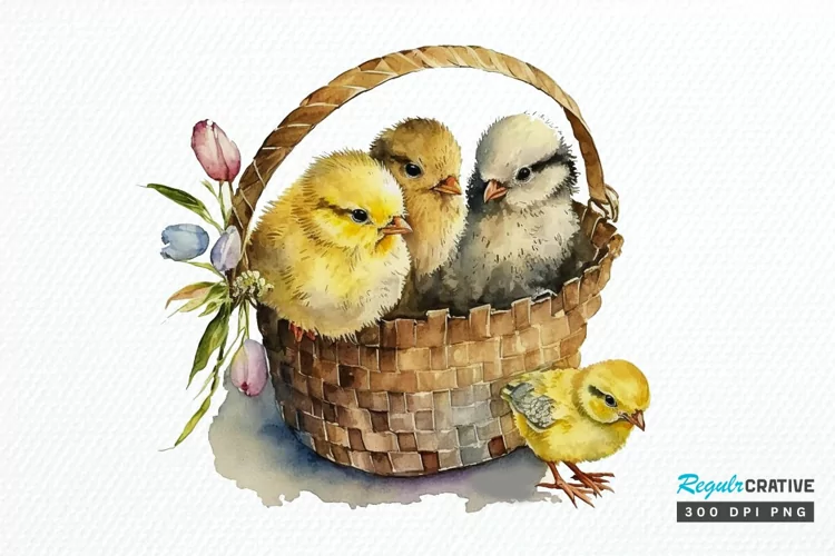 Watercolor Chicks in a Basket PNG Clipart