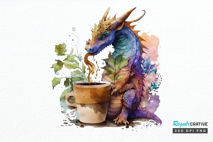 Watercolor Cute Dragon Drinking Coffee PNG Clipart example image 1